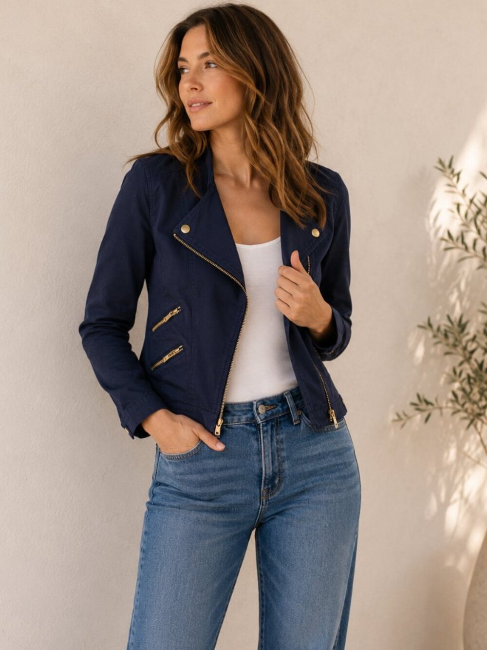 KUT from the Kloth Navy Moto Jacket Small Asymmetrical Zip Cotton Lightweight